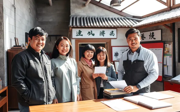家庭游客在潮州建筑前合影