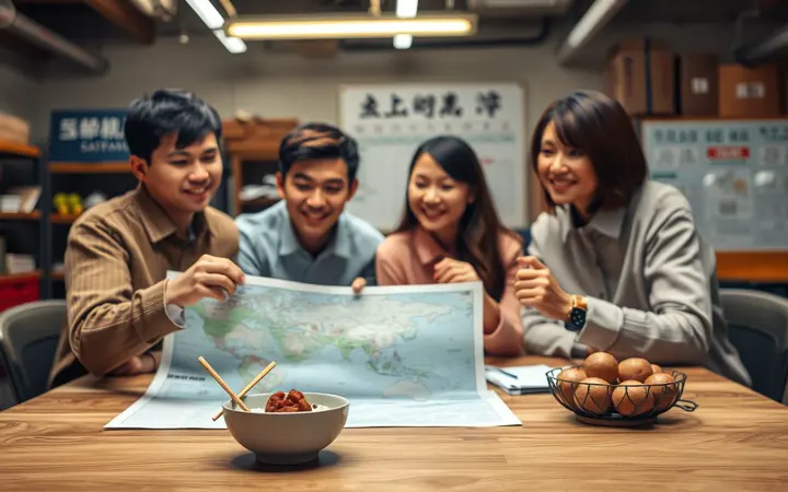 家庭围看潮汕旅游行程地图,桌上摆放潮汕牛肉丸