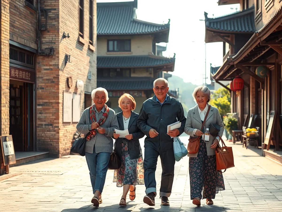 一家三代在潮州古城街道上悠闲漫步