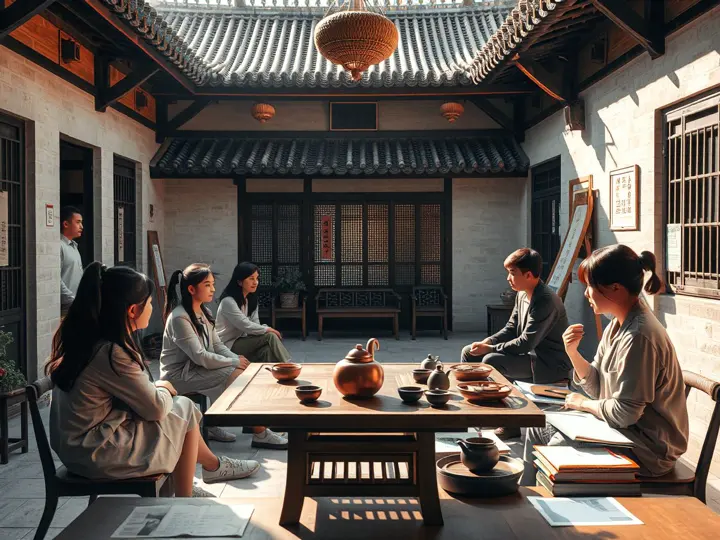 学生在潮汕传统庭院中参加文化讲座