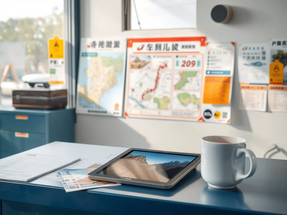 潮汕旅游咨询服务台,桌上放有地图和行程资料