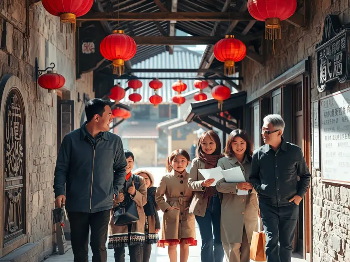 游客在潮汕古巷中跟随导游游览
