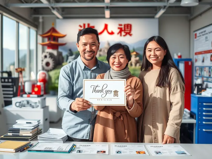 家庭游客在潮汕景点前展示感谢卡